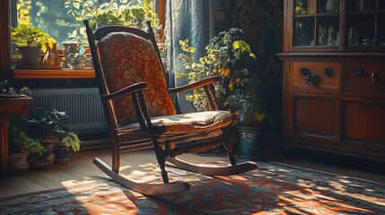 Sunlit rocking chair in vintage room. Home decor, peaceful atmosphere
