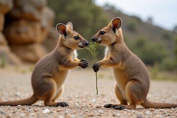 Fototapeta premium Two baby kangaroos sharing a plant in a natural desert landscape