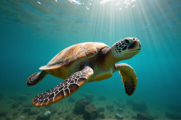 Obraz premium Sea turtle swimming gracefully in crystal clear ocean waters under sun rays