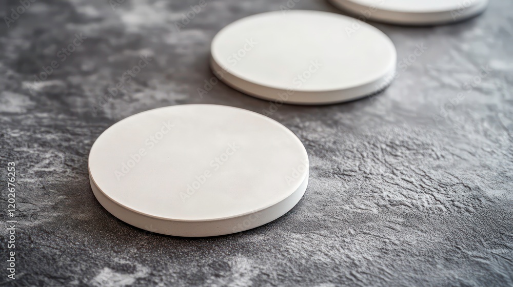 Aufkleber three blank white round coasters on a gray textured surface.