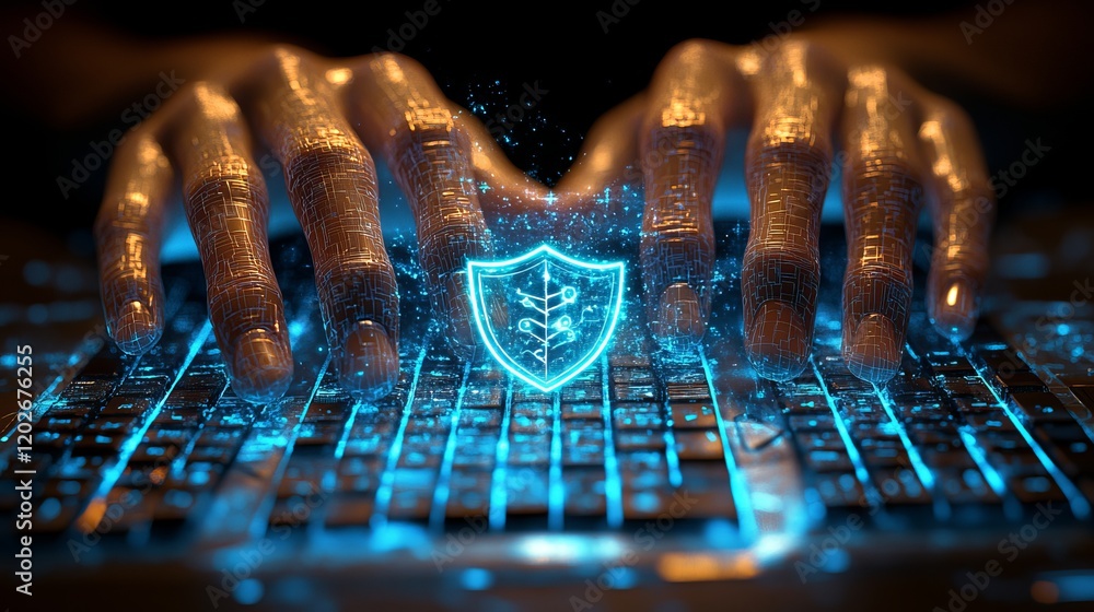 Poster holographic shield over keyboard while typing with digital hands