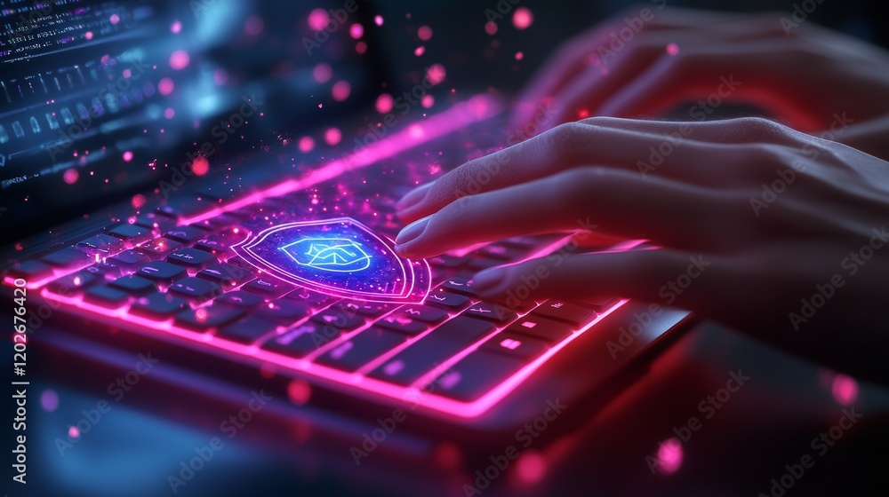 Poster hands typing on keyboard with holographic shield effect