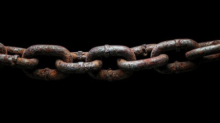 Fototapeta premium Rusty chain links against a black background, symbolizing strength and resilience in harsh conditions.