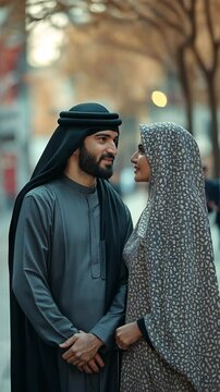 A Dubai-based man and lady talking while wearing kandura and an abaya.
