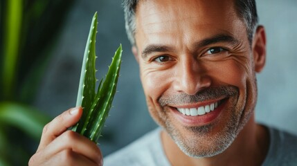 63.A professional studio shot of a middle-aged man smiling gently while holding a freshly cut aloe vera leaf, emphasizing its natural texture. The composition highlights skincare and spa treatment
