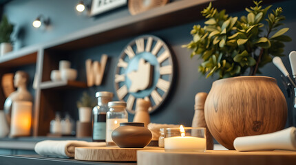 Cozy Home Interior Design: Wooden Shelves, Plants, and Candles Create a Relaxing Atmosphere