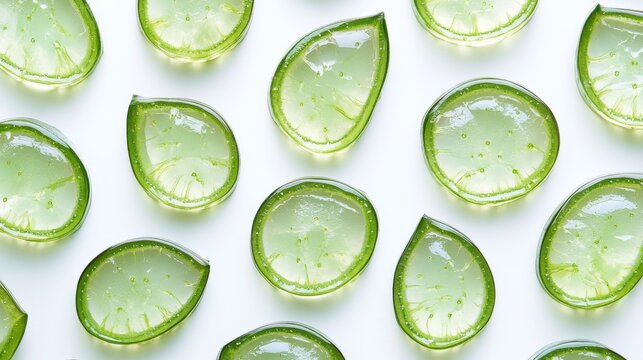 104.A seamless top-down view of aloe vera slices arranged in a neat pattern on a clean white surface. The bright green tones of the slices are contrasted with the translucent gel-like interiors.