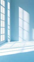 Empty blue room with window and sunlight