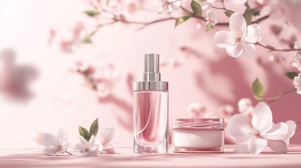 18.A stylish composition of skincare essentials featuring a liquid soap bottle with a matte finish and a cream jar with a glossy lid. The soft pink background enhances the clean, elegant look.