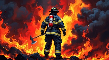 Naklejka premium Brave Firefighter Confronting Intense Explosion with Axe in Hand, Digital Art of Nighttime Heroism and Fiery Inferno in Dramatic Fire Scene.