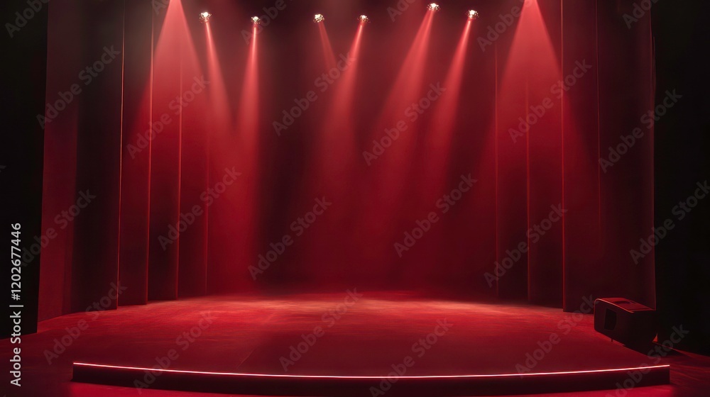 Poster empty stage with red curtains and spotlights.