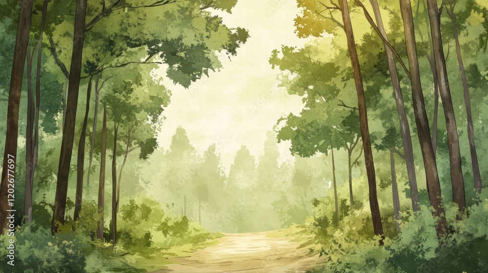 Aufkleber Winding forest trail leads through tall trees and lush greenery on a tranquil day. Generative AI