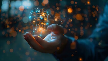 Glowing digital brain hologram floating above open hand against dark background with bokeh lights, representing artificial intelligence and future technology concept.