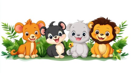 Cute Cartoon Animals Surrounded by Greenery on White Background