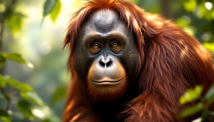 Fototapeta premium Orangutan Portrait: Serene Gaze in Lush Rainforest