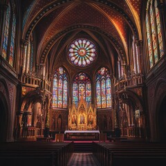 Obraz premium Gothic Cathedral Interior: A breathtaking view of a gothic cathedral's interior, with intricate stained glass windows casting vibrant hues of light onto the pews.