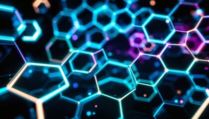 Abstract Hexagonal Network: Glowing Neon  Cyberpunk Structure