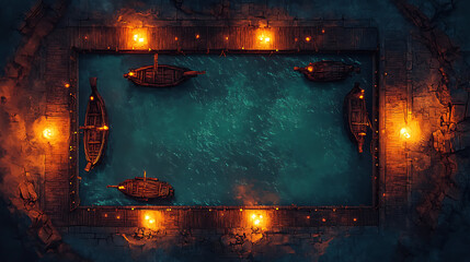 Naklejka premium Aerial view of a fantasy battle map game, showing ships at night