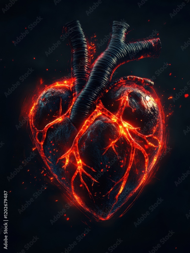 Aufkleber Heart made of lava with glowing veins against a dark background showcasing a fierce and powerful design. Generative AI