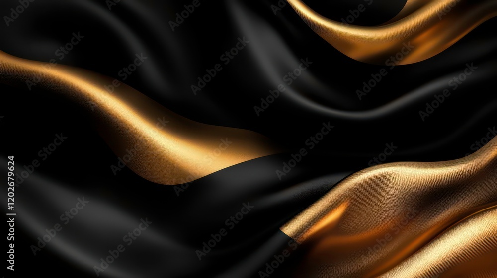 Poster abstract image of black and gold silk fabric with elegant flowing waves and folds.