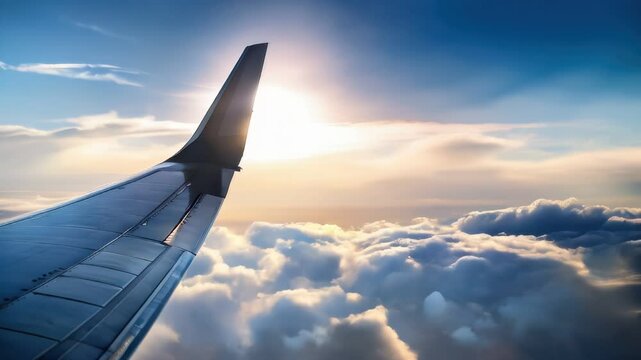 View of a wing of a plane flying above the clouds