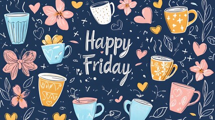Happy Friday! Colorful Cups and Flowers Illustration