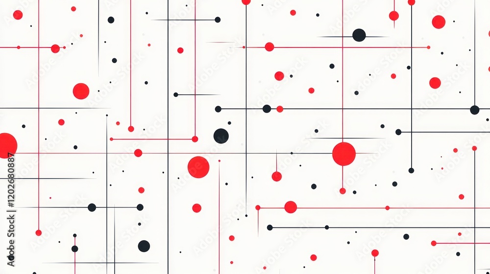 Poster abstract geometric pattern with red and black dots and lines on white background.