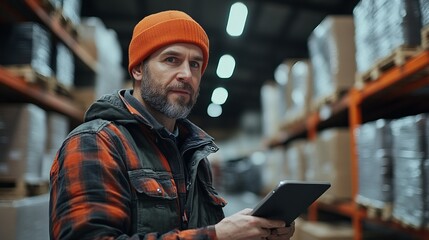 Warehouse Supervisor Using Tablet for Inventory Management Tasks