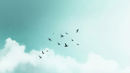 Obraz premium A group of birds flying through a blue sky, with a cloudy background featuring a few scattered clouds
