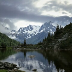 Foggy-capped mountains in the background, with a tranquil lake in the foreground reflecting