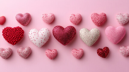 Obraz premium A romantic and colorful photograph showcasing a variety of hearts against a pink background, evoking warmth, affection, and love in its simplest form.
