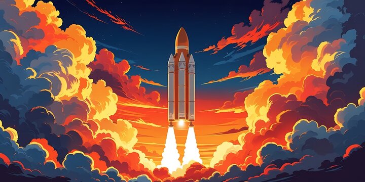 Ariane 6 European Launch Vehicle Taking Off in Fiery Blaze Against Dramatic Sunset Sky, Symbolizing Technological Progress in 2024 Space Exploration.

