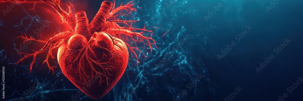 Poster realistic rendering of a human heart surrounded by blue and purple light with detailed textures and 