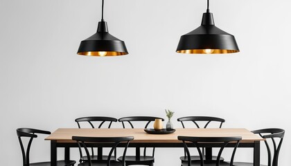 photo of two black hanging lamps above the dining table