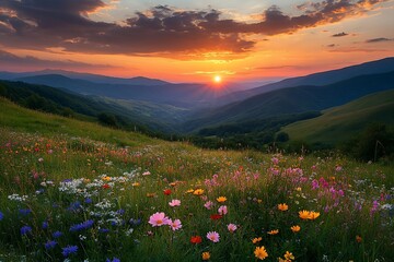 Obraz premium Sunset over mountain meadow wildflowers (1)