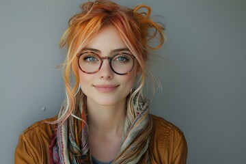 Portrait of young Caucasian woman with ginger hair and glasses smiling at camera. Natural beauty concept featuring stylish eyewear and casual autumn fashion.
