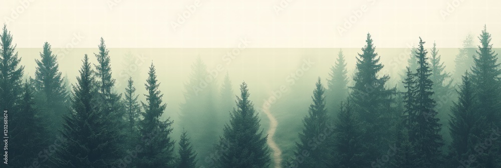 Poster winding forest trail surrounded by tall trees in early morning mist showcasing natures tranquility. 