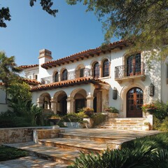 Fototapeta premium Mediterranean Dream: A stunning Mediterranean-style mansion with terracotta roof tiles, arched windows, and a grand entrance, creating an inviting and luxurious atmosphere.