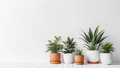 Rows of white ceramic pots containing various ornamental plants