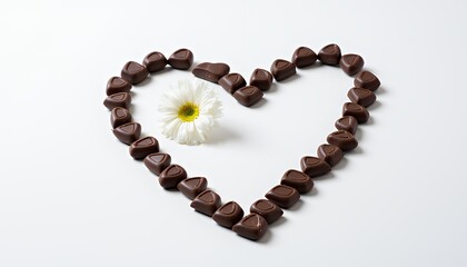 Obraz premium A Heartfelt Valentine's Day Message: Chocolate Candies and Daisy Form a Sweet Symbol of Love and Affection on White Background
