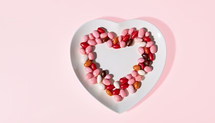 Heart-Shaped Arrangement of Assorted Candies on a White Plate Against a Pink Background. A Romantic Valentine's Day Image with Soft Lighting and a Focus on Sweet Treats. The image evokes feelings of l