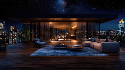 Night cityscape view from penthouse terrace. Relaxing lounge furniture, city lights. Ideal for luxury real estate