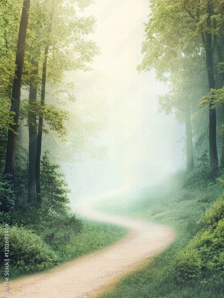 Poster winding forest trail through tall trees in misty atmosphere during early morning hours. generative a