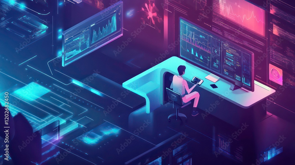 Aufkleber Isometric view of a person working at a desk surrounded by holographic data screens displaying graphs, charts and code.