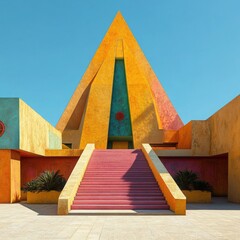 Vibrant Pyramid Architecture: A striking architectural marvel, a pyramid-shaped building with bold, colorful facades of yellow, teal, and pink, stands against a clear blue sky.