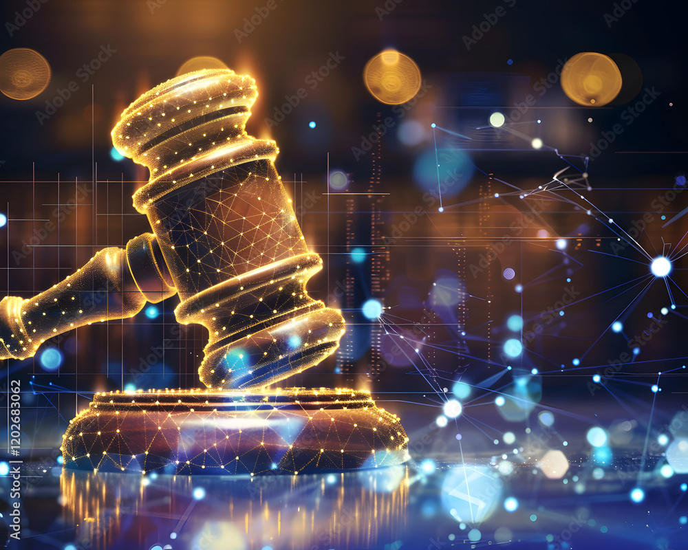 Aufkleber digital gavel with network background