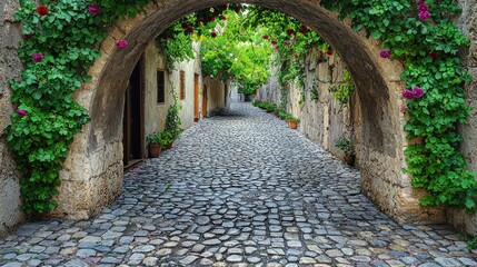 Romantic Rose-Covered Cobblestone Alleyway in Europe
