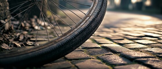 A bicycle wheel rests on cobblestone, evoking nostalgia and the essence of a tranquil morning.