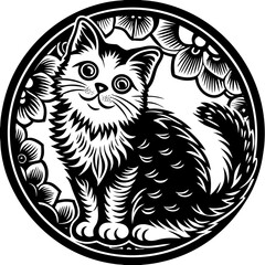 Sitting Tabby Cat with Fluffy Tail in Decorative Circular Artwork
