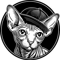 Sphynx Cat with a Backward Cap in a Decorative Circle Design